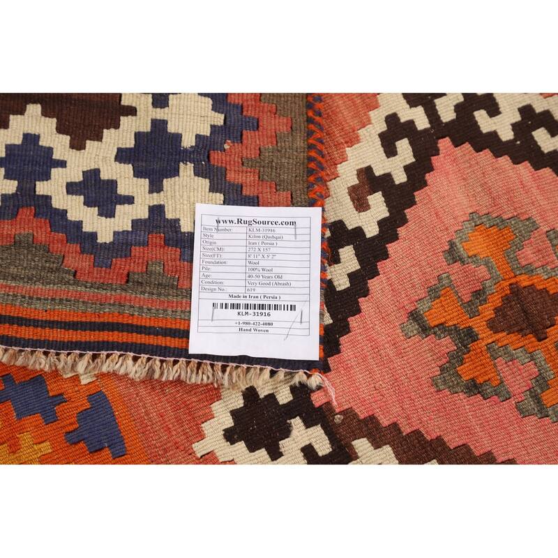 Orange Kilim Qashqai Persian Vintage Area Rug Hand-Woven Wool Carpet - 5'2"x 8'11"