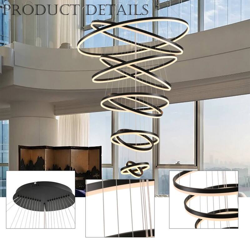 Modern Ring LED Chandelier Remote Control Dimmable Pendant High Ceiling Light Fixture