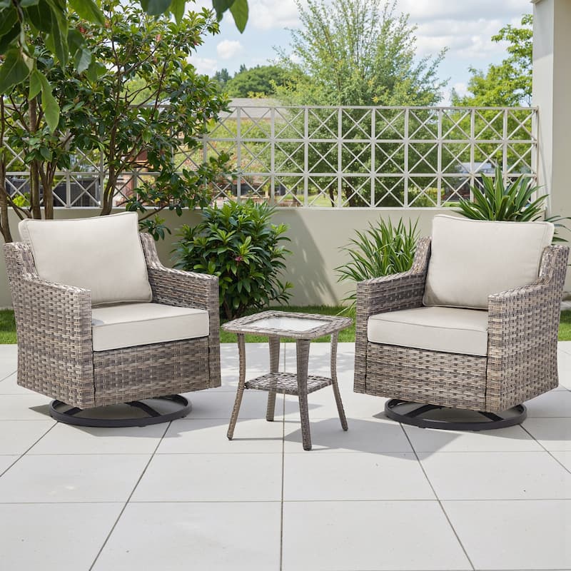Pocassy Outdoor Patio Furniture Wicker Sofa Swivel Chair Set - Grey Wicker Beige Cushion - 3 Pieces Swivel Chair with Side Table