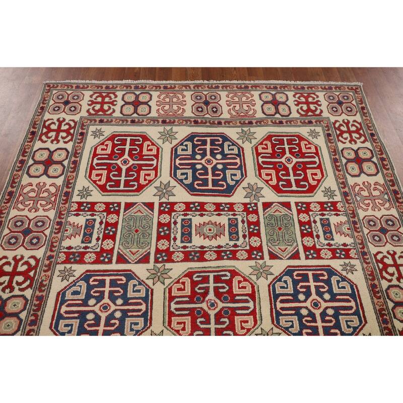 Geometric Beige Kazak Oriental Rug Handmade Wool Carpet - 5'4" x 7'2"