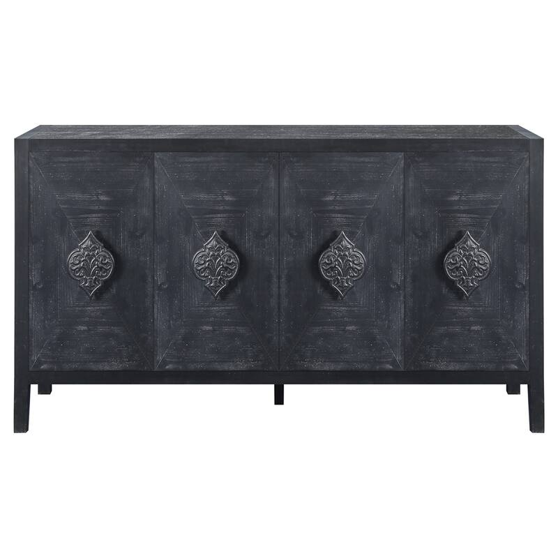 Carved Flower Door Handle, Antique Four Door Cabinet for Living Room - Antique Black