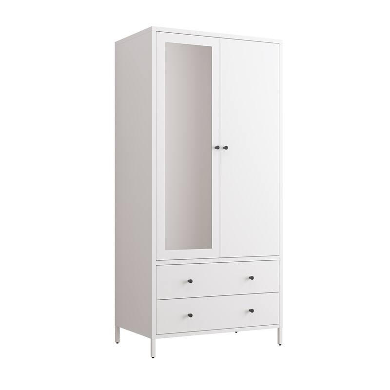 Metal Armoire Wardrobe Closet with 2 Drawers,Mirror Door and Hanging Rod