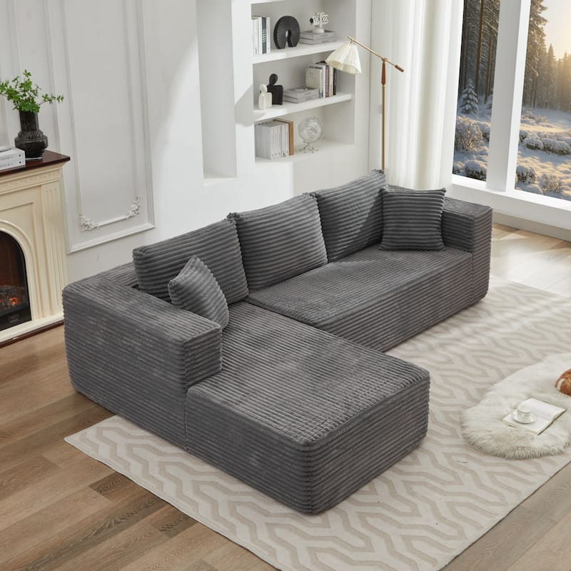 106" Corduroy Upholstery L-Shaped Cloud Modular Sectional Sofa with Chaise and Pillows, All-Foam Compression Design