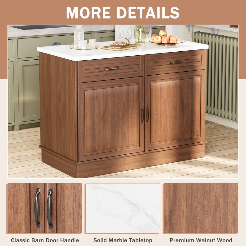 EROMMY 48" Kitchen Island Cabinet with Marble Countertop, Walnut Finish, 2 Drawers & 2 Cabinets