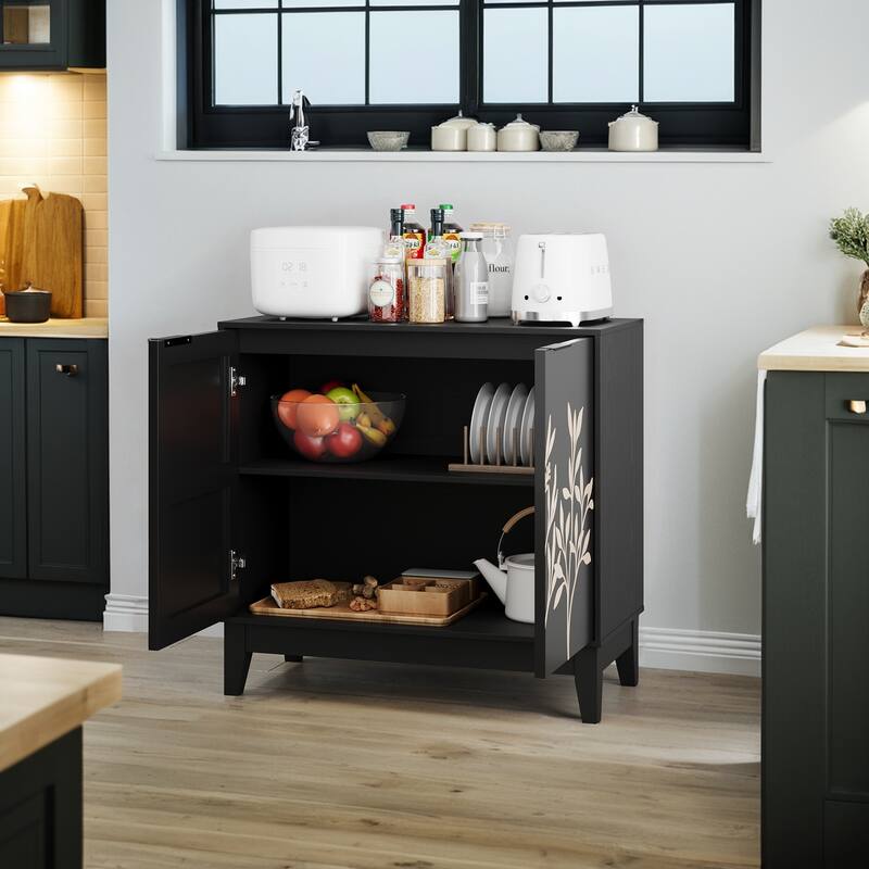 Flower Carved 2 Door Buffet Cabinet, Large Wooden Accent Cabinet, Entryway Table with 2 Doors & Adjustable Shelves