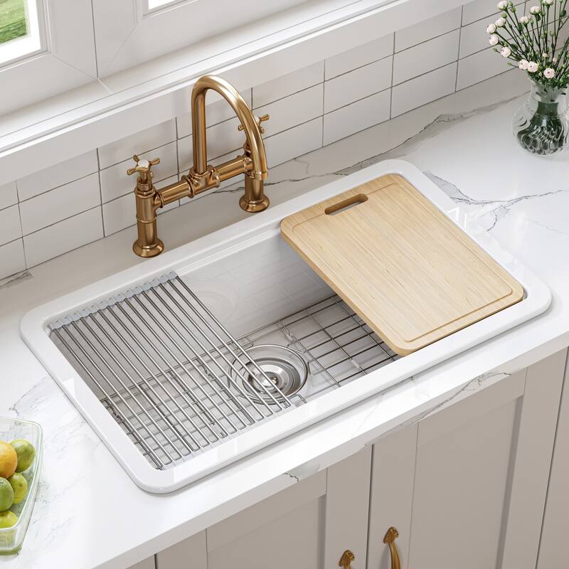 HOROW 33 in. White Ceramic Drop-In Kitchen Sink with Standard & Bottom Grid, Drain, Cutting Board