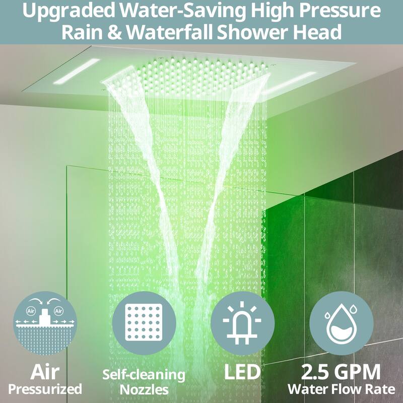 64 LED Thermostatic Shower Faucet 22"x15" Rainfall & Waterfall Shower System 5 Way Digital Display Valve w/ 6 Body Jets