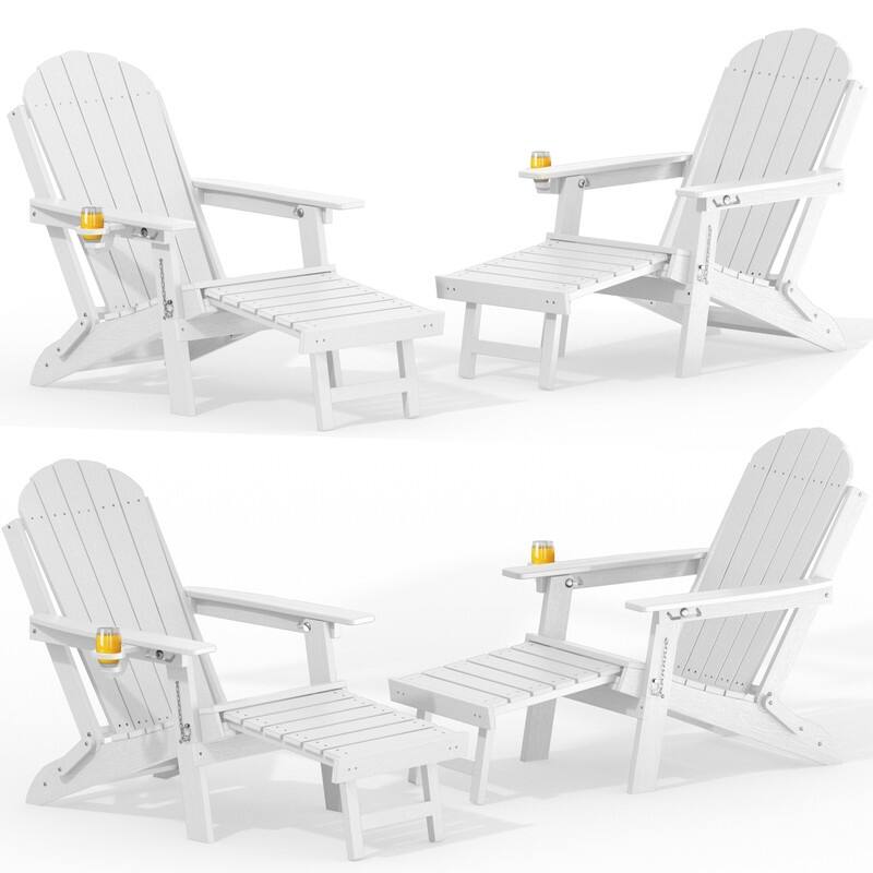 WINSOON Outdoor All-Weather HDPE Folding Adirondack Chair with Ottoman, Cup Holder & Adjustable Back Set of 4 - White