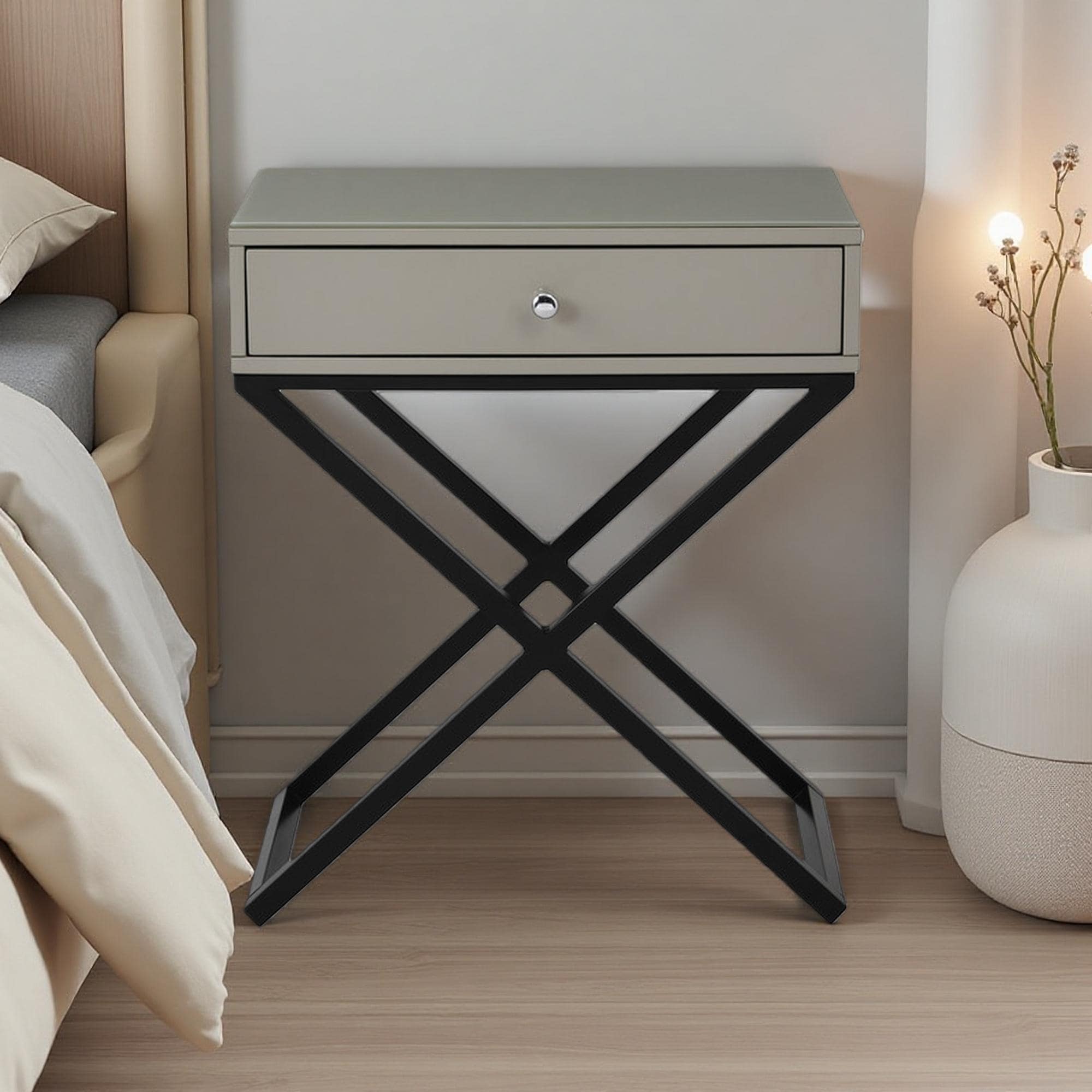 23"L Wooden MDF Side Table Nightstand with Tempered Glass Top, Drawer, and Black Metal Cross Base