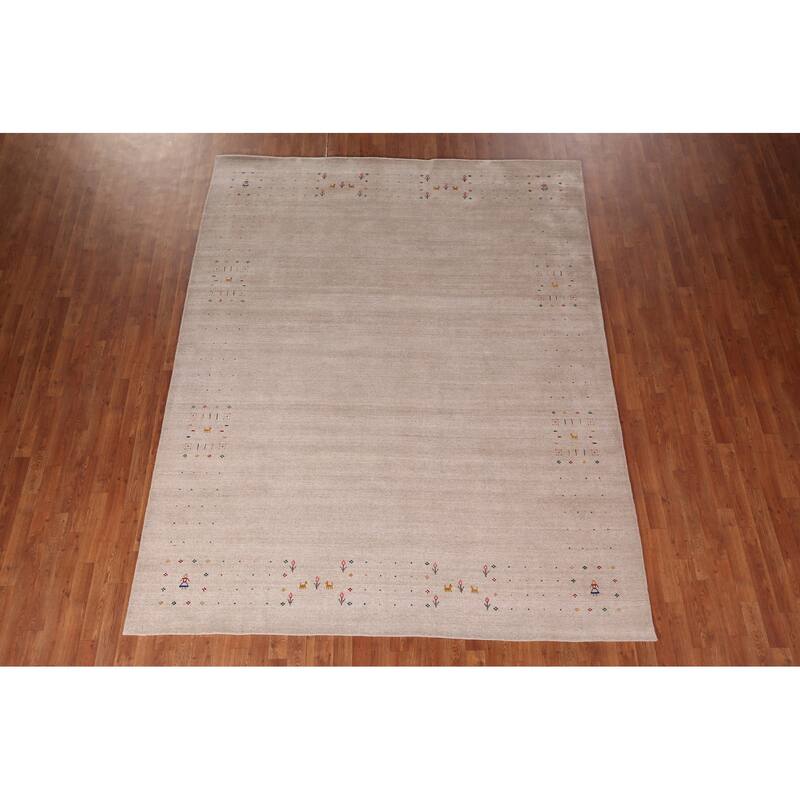 Gabbeh Indian Area Rug Hand-Knotted Oriental Beige Wool Carpet - 7'9" x 9'10"