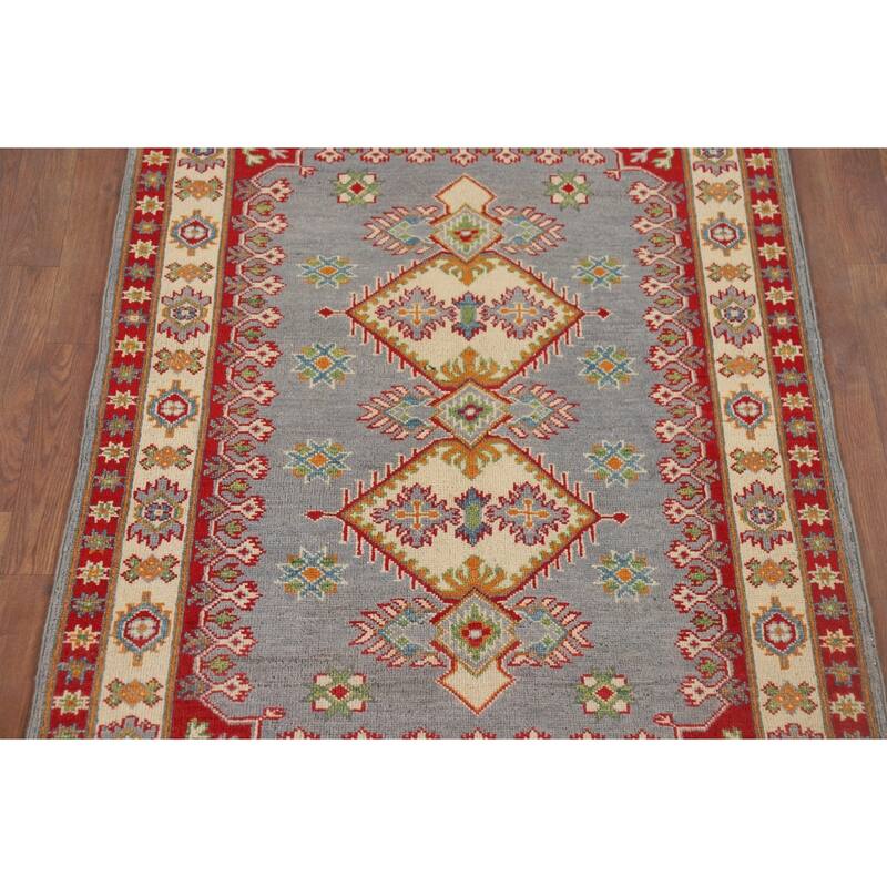 Gray Geometric Kazak Oriental Accent Rug Hand-Knotted Wool Carpet - 3'5" x 4'10"