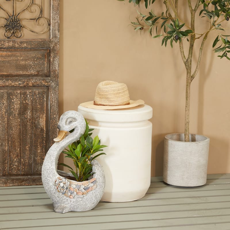 Gray Fiberglass Indoor Outdoor Planter with Stone Mosaic Design