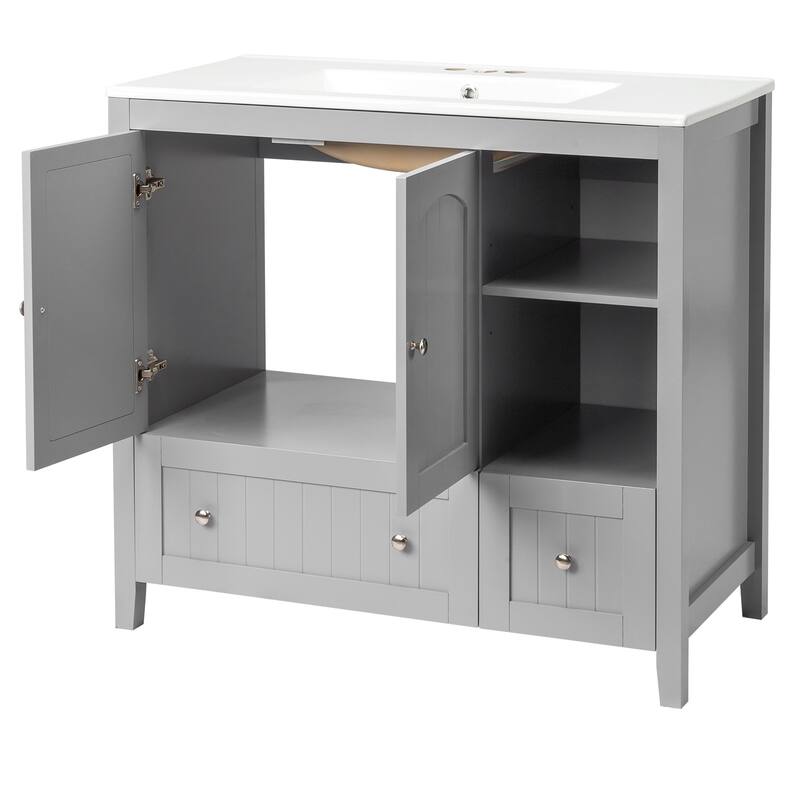 Modern Lacquered Bathroom Organizer Cabinet with Two Drawers and Dual Doors for Storage - 35.82”(H) x 18.11(W) x 32.28 (D)