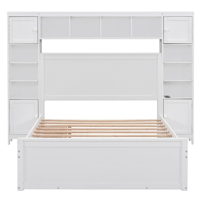 Full Size Wooden Bed with Built-in Cabinet, Shelf, Outlets, and Trundle in White