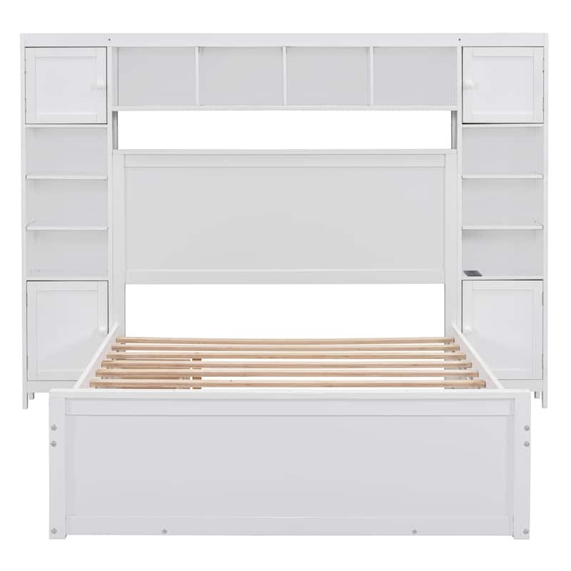 White Full Size Modern Wooden Bed with Cabinet, Shelf, and Sockets