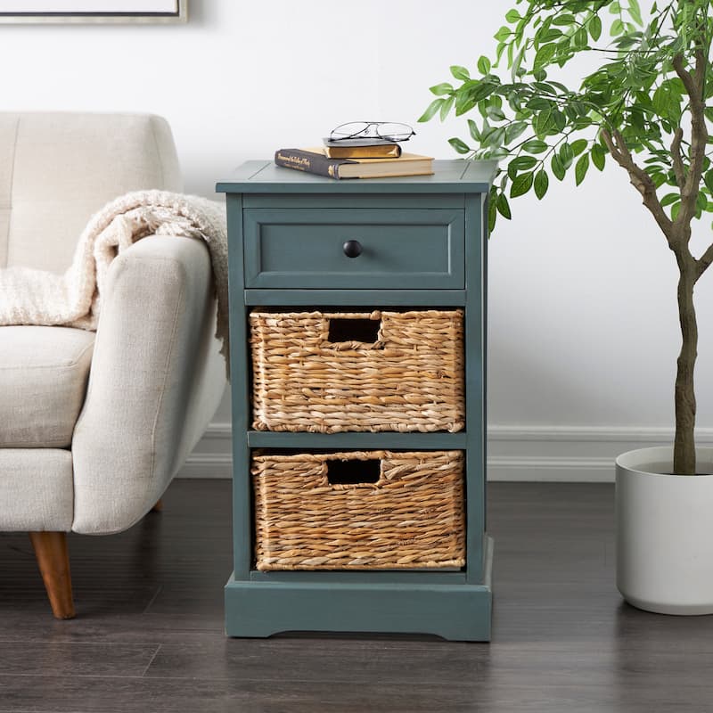 Wood Storage Unit with 2 Wicker Basket Drawers - Black, Brown, Teal, Cream - Roche River Decor