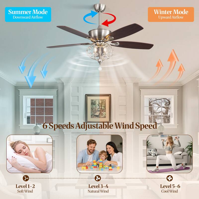Sofucor 52" Ceiling Fan with Light Remote, Classical Crystal Chandelier fan, 5 Reversible Blades & Reverse Airflow - 52 Inches