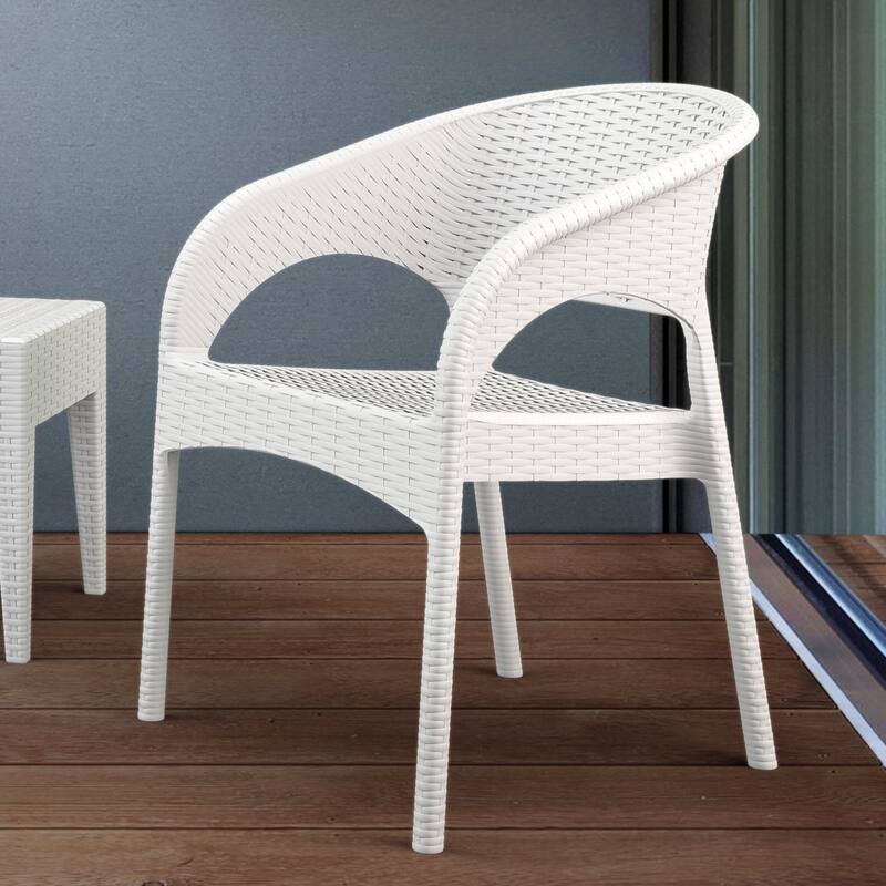 32" White Wickerlook Patio Stackable Dining Arm Chair