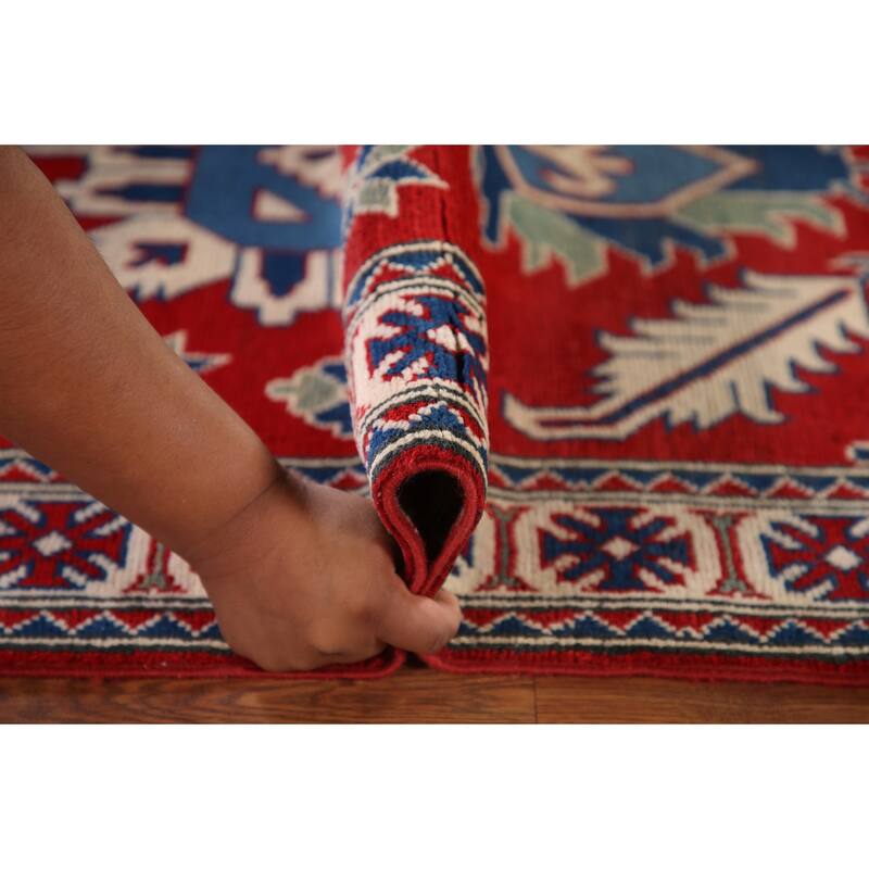 Geometric Red Kazak Accent Rug Handmade Traditional Wool Carpet - 3'4"x 4'11"