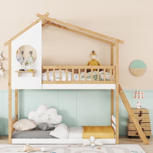 slide 2 of 23, Playhouse-inspired Style Wood Bunk Bed with Build-in Roof, Window, Ladder, Quality Structure Natural