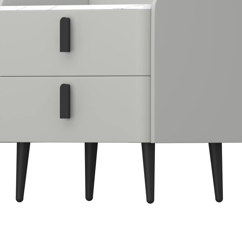 Modern 2-Drawer Nightstand with Marble-Pattern Top - Bedside/End Table for Bedroom/Living Room (Gray)