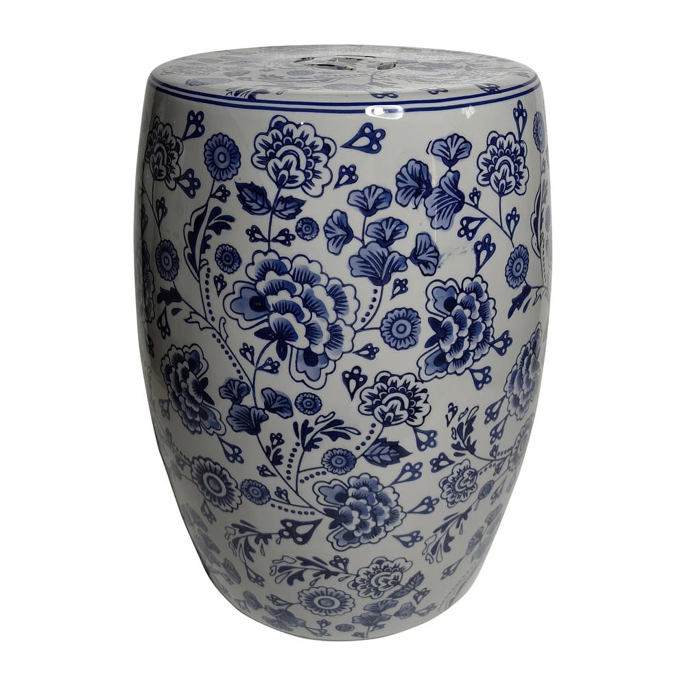 Sagebrook Home Ceramic Hydrangea Chinoiserie Stool - Elegant Blue/White 18-inch Garden Accent Piece