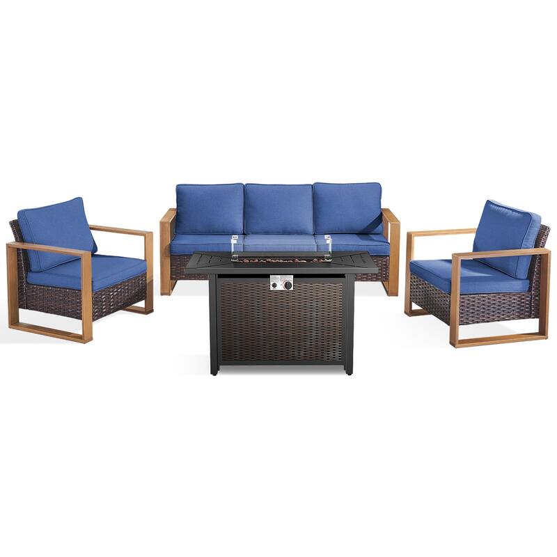 Meyreso Wicker Patio Conversation Set with Metal Fire Pit Table & Olefin Cushions