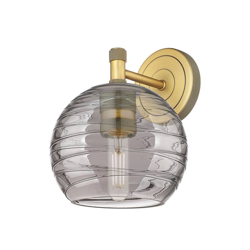 Innovations Lighting 434-1W-9-6 Crown Point Sconce Crown Point 9" Tall - Brushed Brass / Light Smoke Deco Swirl