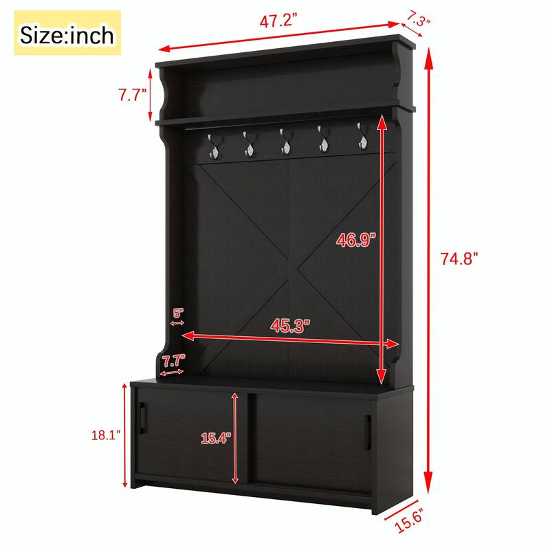 74.8"H Hall Tree with Top Shelf, Storage Bench, Sliding Doors and 5 Hooks
