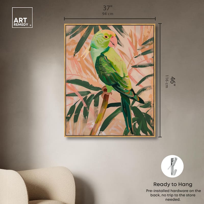 Coral and Green Parrot Canvas by Art Remedy
