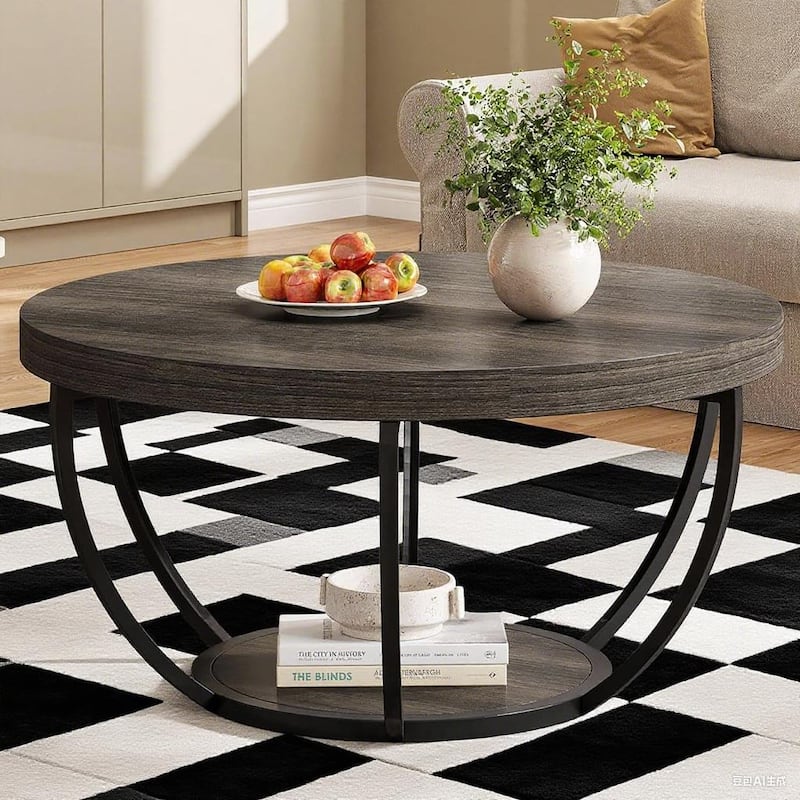 Engineered Wood Round Coffee Table with 2-Tier Metal Base - 31.69" L x 31.69" W x 17.32" H