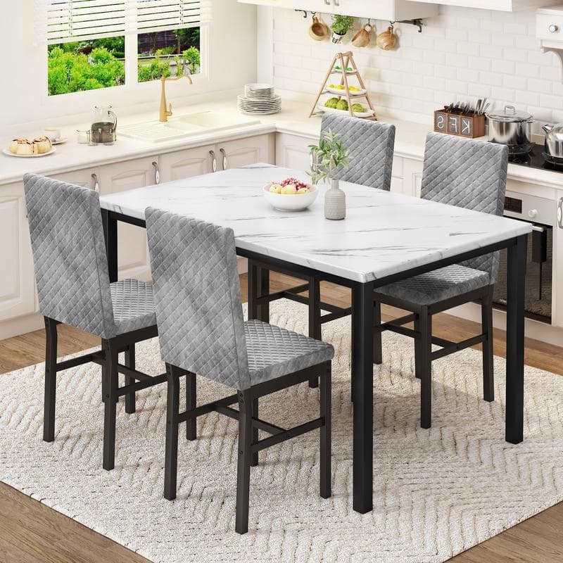 Grondin 5-Piece Dining Room Table Set with Faux Marble Table Top and Diamond Stitching Velvet Upholstery Dining Chairs - Grey