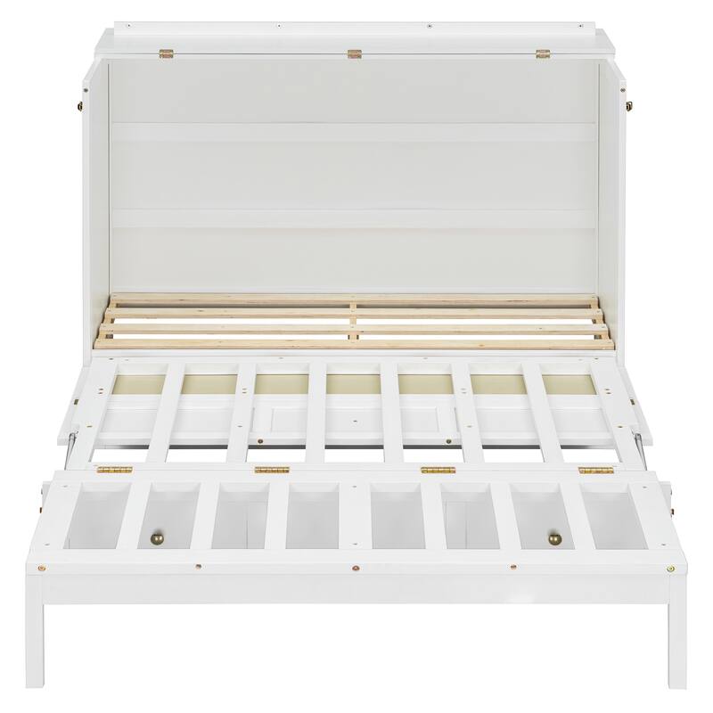 White Murphy Bed with Drawer, Rattan Patterned Full Size Bed