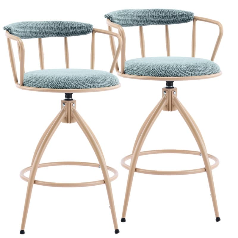 Blue Snow Linen Fabric Swivel Bar Stool with Wooden Legs - N/A - Set of 2 - Counter Height - Blue