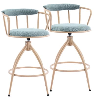 Blue Snow Linen Fabric Swivel Bar Stool with Wooden Legs - N/A