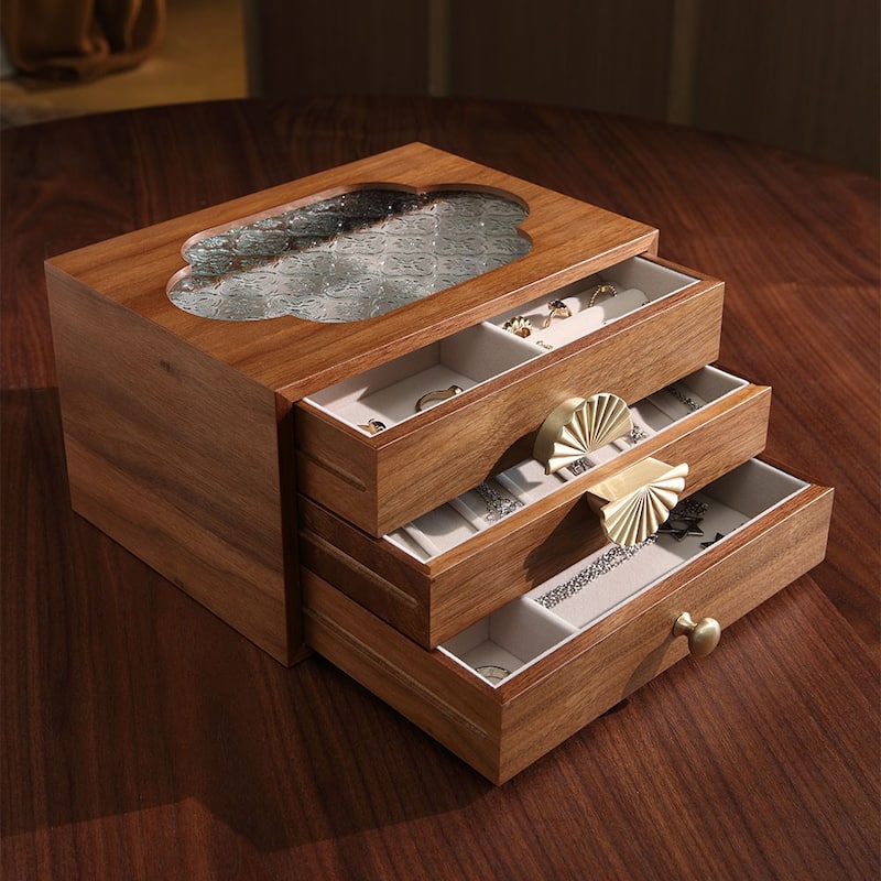 Walnut Color Pull-Out with Brass Handles and Glass Skylight 3-Tiered Jewelry Box - 10.24