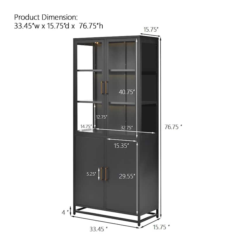 76.75 Inch Glass Display Cabinet with LED Lights, 3 Sided Tempered Glass Steel Curio Cabinet with Double Doors