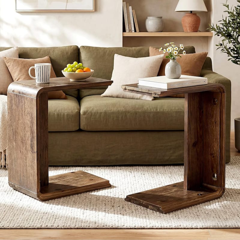 C-Shaped Solid Wood End Table for Living Room, Small Space, Easy Assembly