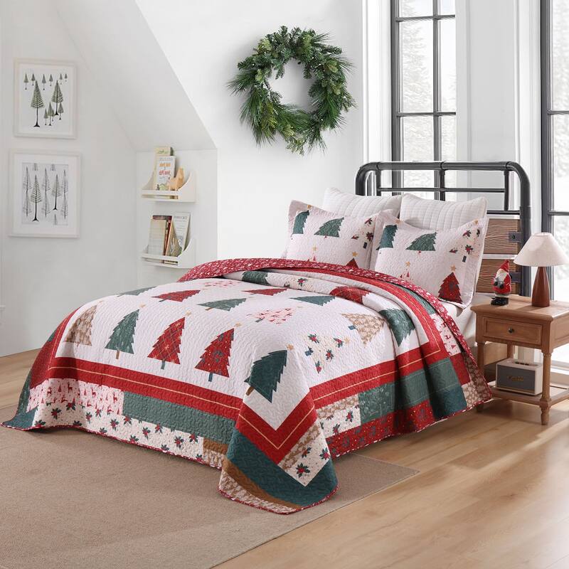 3 Pcs Festive Christmas Tree Quilt Bedspread Set