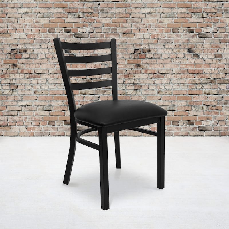 2 Pack Ladder Back Metal Restaurant Chair - 16.5"W x 17"D x 32.25"H - 16.5"W x 17"D x 32.25"H - black vinyl seat/black metal frame