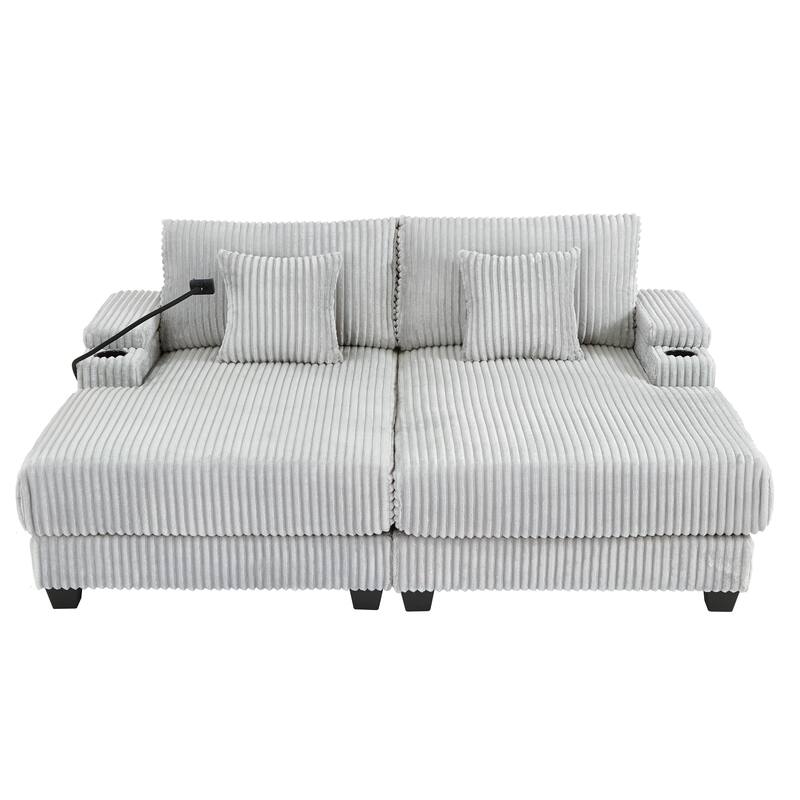 Corduroy Chaise Lounge Sofa Loveseat Sleeper Sofa with Adjustable Backrest, Cup Holders, Phone Holder and Dual Storage Armrest