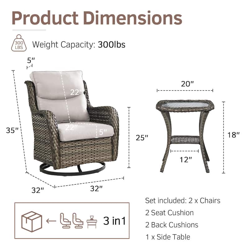 3 Piece Wicker Rocking Charis with Rattan Side Table - Grey
