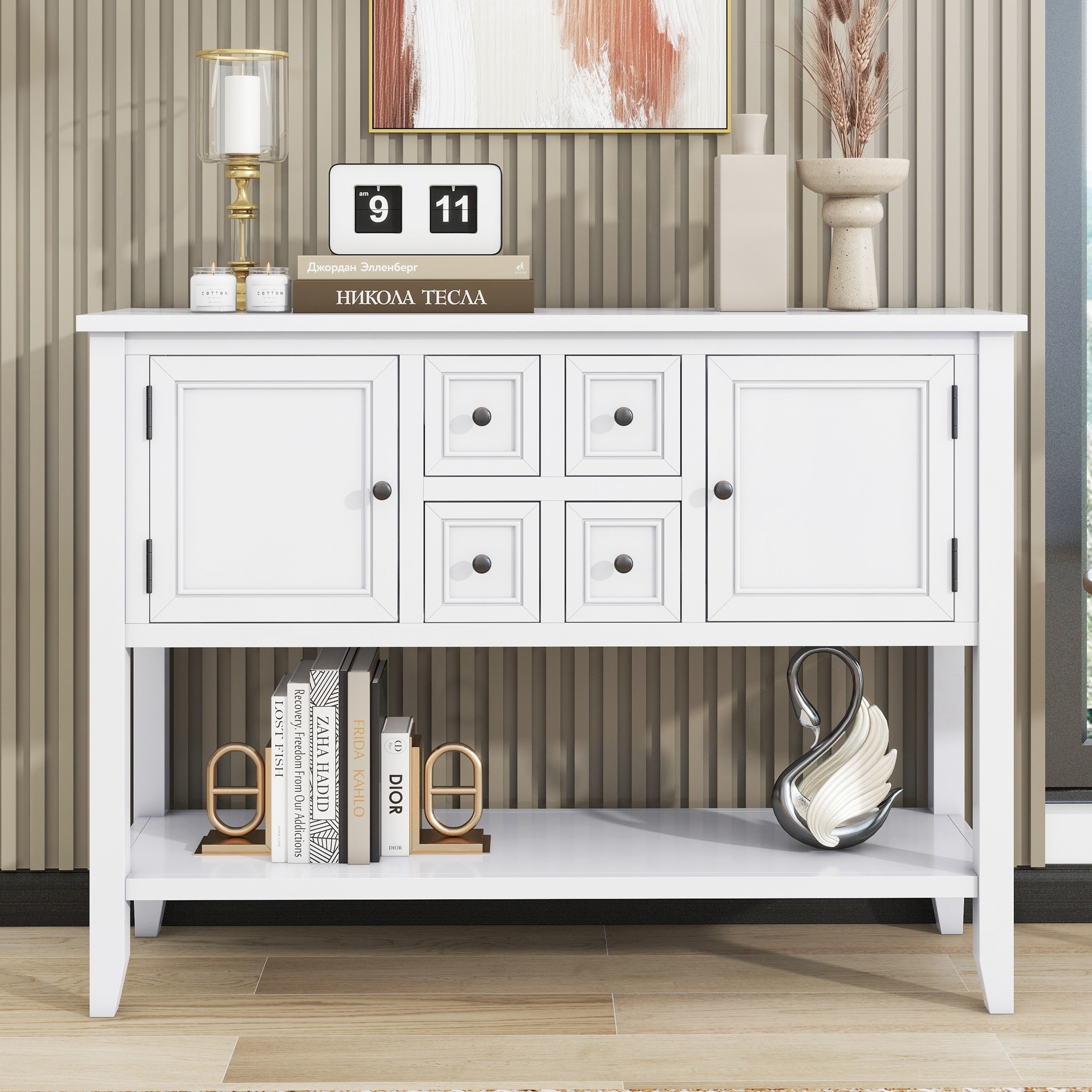 Vintage Solid Wood Console Table, 46" Living Room Storage Buffet Sideboard with 2 Doors, 4 Small Drawers and Open Bottom Shelf