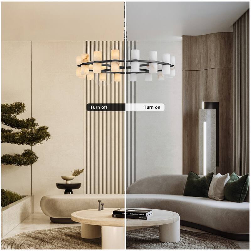 Modern Alabaster Glass Chandelier, Round or Linear Pendant Light with Up & Down Shades, D600-L1370, Copper or Black Finish