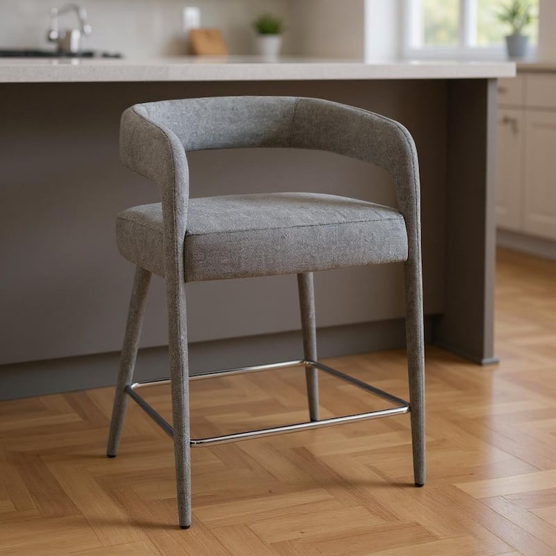HomeRoots 25" Gray Metal and Fabric Low Back Counter Height Bar Chair