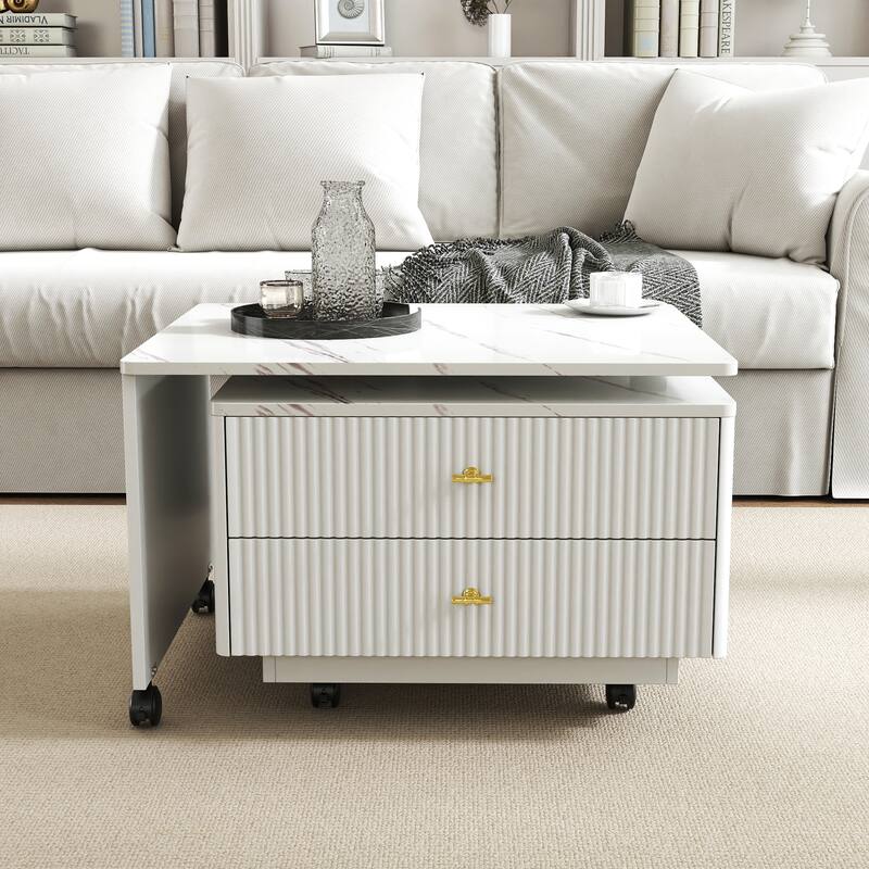 Extendable Coffee Table with Storage, Reversible Living Room Table with 2 Drawers and with 6 Wheels