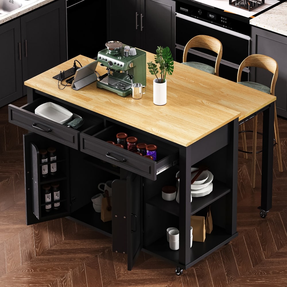 Modern Kitchen Island with Retractable Dining Table, Interior Storage Shelf, Power Socket, 2 Drawers and 2 Cabinets, for Kitchen
