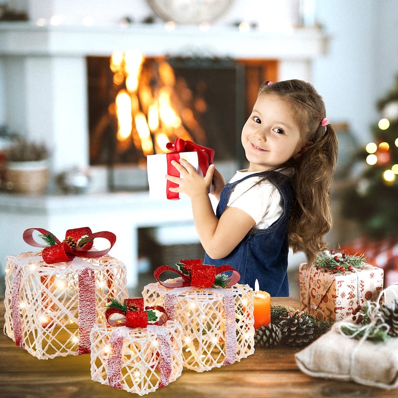 Costway Set of 3 Christmas Lighted Gift Boxes, Indoor Present Box - 9.5''x 9.5''x 10.5''(L x W x H)