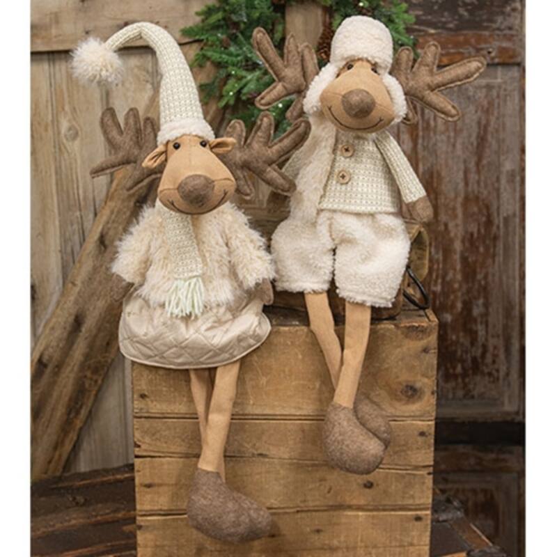 Decorative Plush Reindeer Set with Long Legs and Winter Outfits for Seasonal Home Decor 2 Asstd. - Brown, Beige, Cream