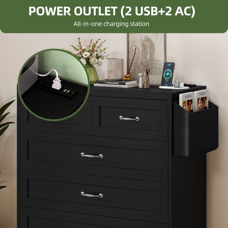 Vintage Double Dresser Chest of Drawers with Charging Station and Side Organizer Bag